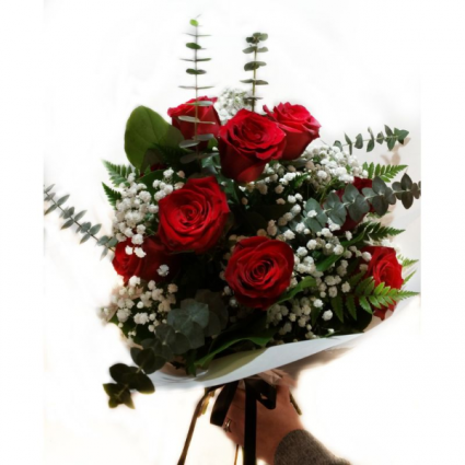 hand tied red rose bouquet Dozen Explorer Roses,Eucalyptus and baby’s breath 