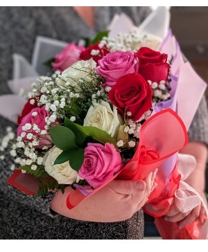 Handheld Wrapped Dozen Roses 