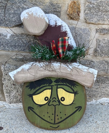 Hanging Grinch Head Wooden Decor