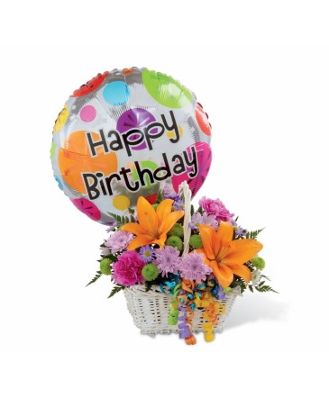 happy birthday balloon basket balloon flower basket in Wellston, OK | Chelle's Petals