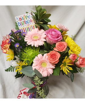 HAPPY BIRTHDAY BRIGHTS! MIXED BRIGHT Flowers arranged and includes a Happy Birthday pic