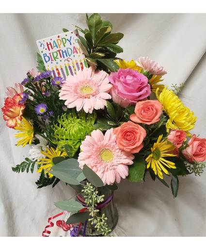 HAPPY BIRTHDAY BRIGHTS! MIXED BRIGHT Flowers arranged and includes a Happy Birthday pic