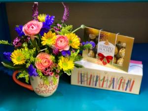 Happy Birthday Bundle Fresh, colorful flowers with Chocolates and Bath Bombs