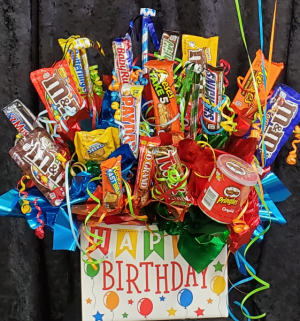 Happy Birthday candy/ snack bouquet in Albuquerque, NM - SIGNATURE SWEETS & FLOWERS