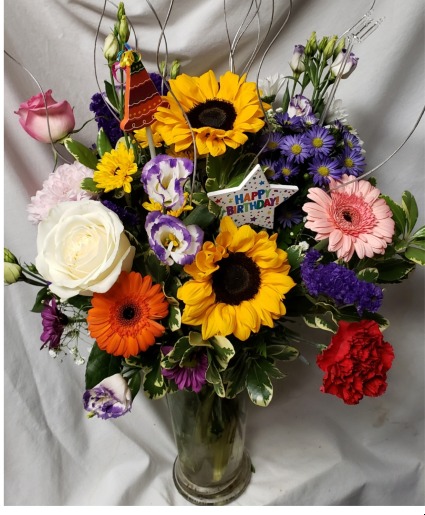  Birthday Brights Boka! Mixed bright  Seasonal flowers arranged in a vase with Birthday Pic! ( flowers may vary depending on daily stock)