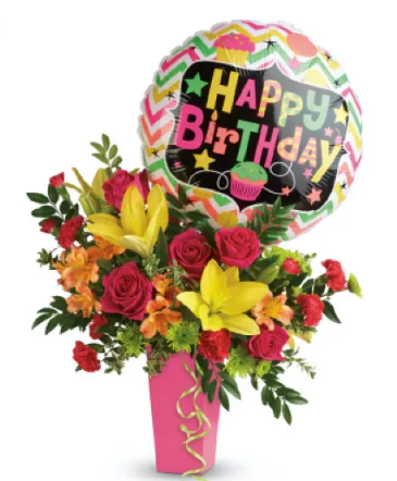 Happy Birthday Delight  Vase with Balloon in Paris, ON | Upsy Daisy Floral Studio