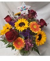 HAPPY BIRTHDAY FALL FAVORITE! Roses, carnations, gerbera daisies, sunflowers and seasonal filler and INCLUDES A HAPPY BIRTHDAY PIC!