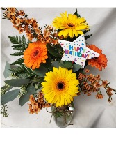 HAPPY BIRTHDAY GERBERA BRIGHTS...4 GERBERA Daisies in a vase with filler and a HAPPY BIRTHDAY PIC! ( colors could vary)