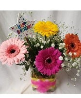 Happy Birthday Gerbera Delight...4 Gerbera daisies In a cute rectangular vase with Happy Birthday Pic and filler flower