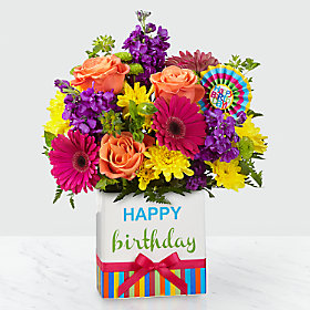 Happy Birthday!! In season spring mix bouquet in this cute ceramic Birthday container!