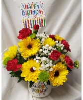Happy Birthday mug with bright flowers and HB PIC WOODEN (COLORS AND FLOWERS COULD VARY)