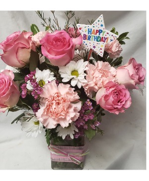 HAPPY BIRTHDAY "PINK DELIGHT" Roses, carnations,  daisies and seasonal filler and INCLUDES A HAPPY BIRTHDAY PIC!