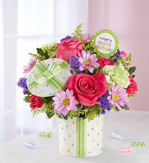 Happy Birthday Present Bouquet in Valley City, OH | HILL HAVEN FLORIST & GREENHOUSE Happy Birthday Present Bouquet in Valley City, OH | HILL HAVEN FLORIST & GREENHOUSE