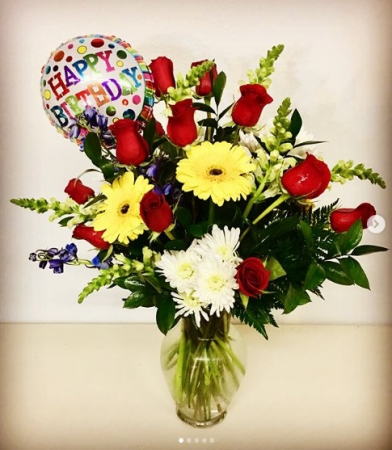 Happy Birthday Surprise Red Roses Mix Arrangement with Balloon