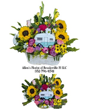 Happy Camper Fresh cut flowers in lined basket 