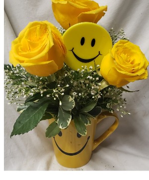 HAPPY FACE DELIGHT...happy face mug with 3 yellow  Roses and baby's breath or seasonal filler and happy face pic!