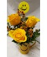 HAPPY FACE DELIGHT...happy face mug with 3   Yellow roses, happy face pic and seasonal filler 