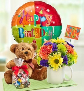 happy birthday teddy bear and flowers