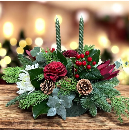 Happy Holiday Centerpiece floral arrangement in keepsake ceramic pot