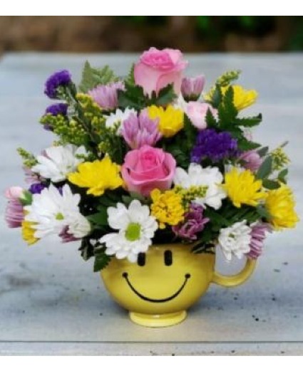Happy Pastel Smiley Face Mug FHF-06 Fresh Flower Keepsake (Local Delivery Only)