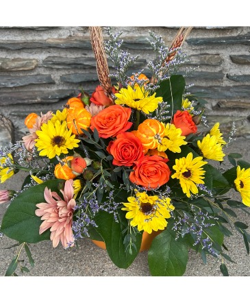 Harvest Blooms Pumpkin Floral Arrangement in Mattapoisett, MA | Blossoms Flower Shop