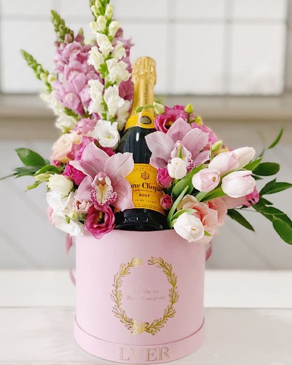 Hatbox Flowers and Champagne 