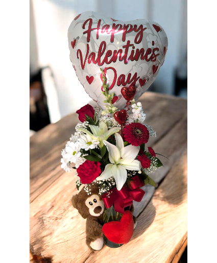 Have a Happy Valentines Day Vase, bear, balloon, flowers