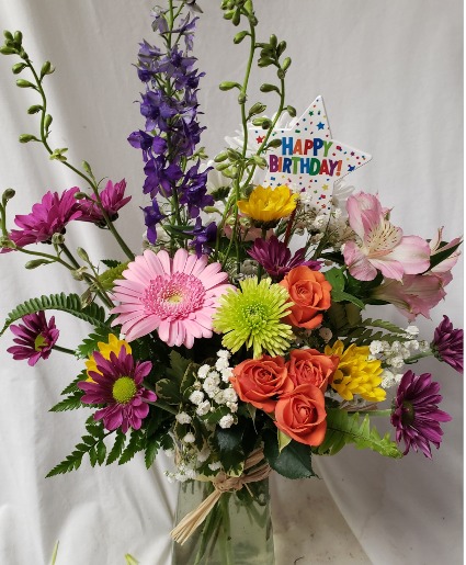 HAPPY BIRTHDAY DELIGHT...seasonal bright Mixed flowers arranged in vase with Happy Birthday Pic!