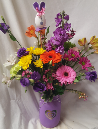 Easter Silver Heart Mason Jar Bouquet...bright Seasonal Flowers arranged with an Easter pic.(mason jars vary in colors)