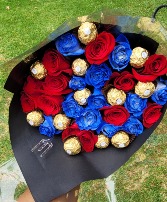 He deserves roses too  Red and blue 24 roses and 12 chocolates