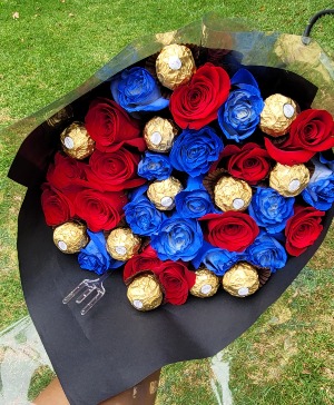 He deserves roses too  Red and blue 24 roses and 12 chocolates
