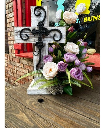 He is Risen Wooden Cross with Silk Flowers in Poplarville, MS | Morgan On Main Florist