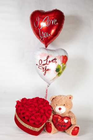 Head Over Heels For You with Bear and Balloons Processed Red Roses