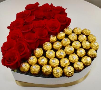 Heart Box of Half Roses & Half Chocolate Roses with Chocolates 