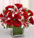 HEART FELT RED ROSES AND STAR GAZOR LILLIES SQUARE VASE