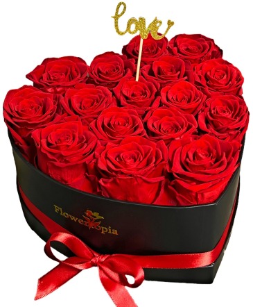 18 Preserved Red Roses in a Heart Box Preserved Rose Box in Miami, FL | FLOWERTOPIA
