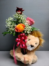 Heart of a Lion Vase with roses and stuffed Lion