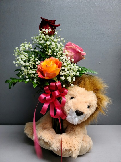 Heart of a Lion Vase with roses and stuffed Lion