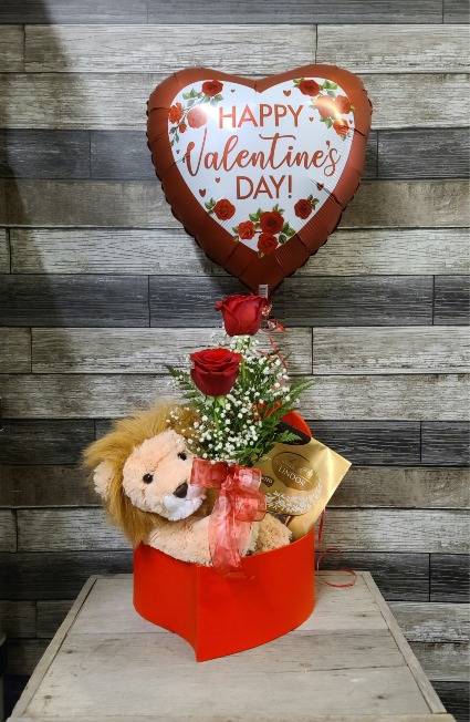 Heart shaped box with 2 red roses in vase Lindor truffles, stuffed lion and balloon