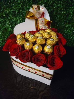 Heart shaped Roses with Chocolates  Floral Arrangements 