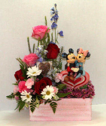 Heart to Heart 1/2 dozen premium roses with Chocolate Heart and Mickey and Minnie in Penn Yan, NY | Garden of Life Flowers