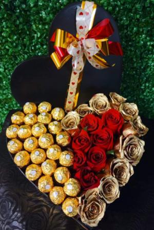 Heart With Gold Roses & Chocolates  Floral Arrangements 