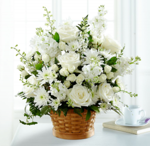 HEARTFELT CONDOLENCES ARRANGEMENT White flower arrangement