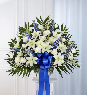 Heartfelt Sympathies Blue & White Funeral FLOWERS WE CAN MODIFY COLORS ACCORDINGLY  TO YOUR REQUEST 