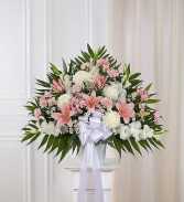 Heartfelt Sympathies- Pink &White PINK AND WHITE FLWERS IN WHITE CONTAINER