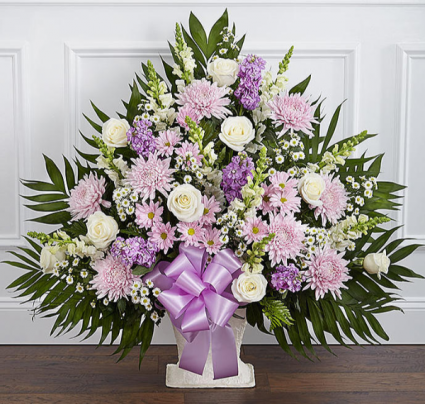 Heartfelt Tribute™ Floor Basket- Lavender & White Sympathy Arrangement