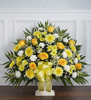 Heartfelt Tribute Yellow Floor Basket Arrangement Sympathy