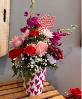 Hearts and Love Fresh Flowers in a ceramic container