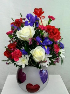 Hearts Galore Elegant Mixed Arrangement in a glass hearts bowl