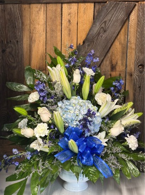 Heavenly Blue Funeral Urn Arrangement